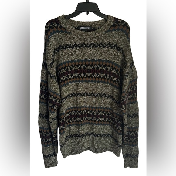 Janzten Mens Vintage Knit Sweater Sz L Jewel Tones Mixed Print 90s Retro Trendy - Picture 1 of 6